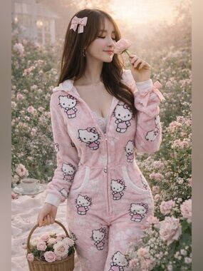 Hello Kitty bubblegum Coquette Kawaii Dreams cozycore Fleece Hooded one piece Sm